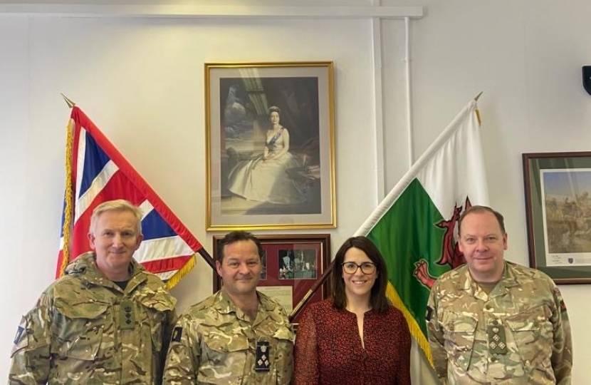 Fay during a visit to Brecon Barracks with (L-R) Colonel Nick Lock, Brigadier Andrew Dawes (Commander 160th Brigade) and former Commander Alan Richmond OBE 